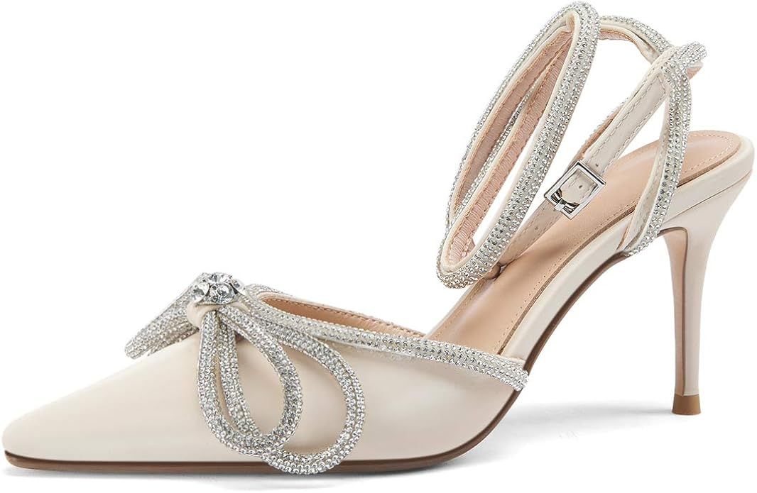Amazon.com | Arqa Women's Rhinestone Bow Heels Ankle Strap Slingback Pumps Satin Wedding Stiletto... | Amazon (US)