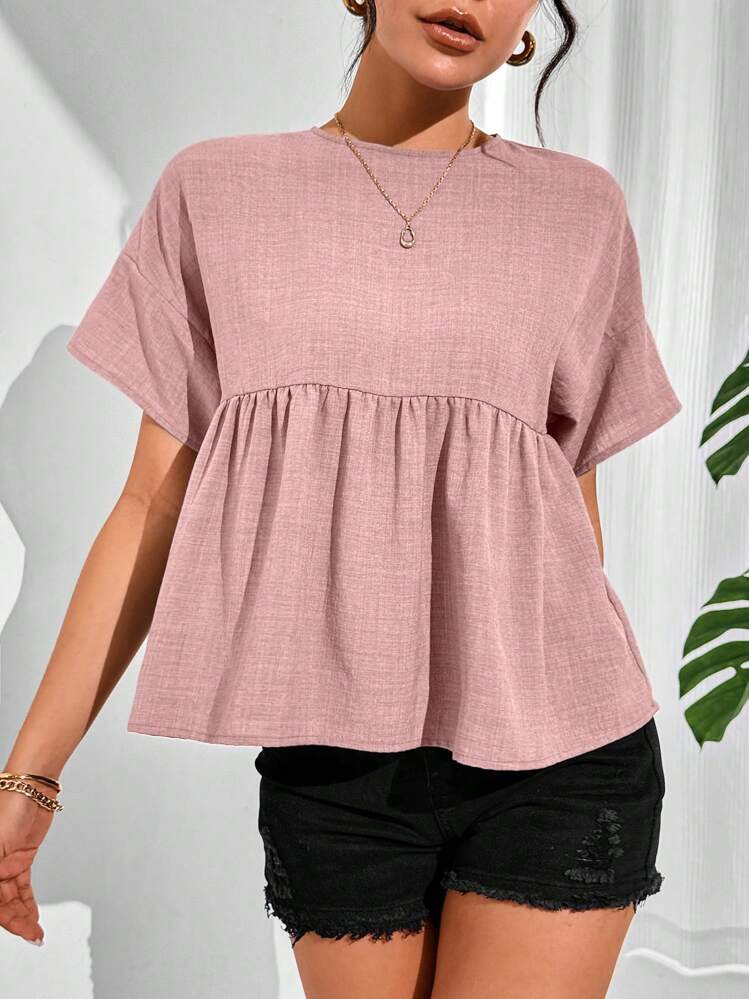 SHEIN Essnce Women's Summer Solid Color Round Neck Batwing Short Sleeve Ruffle Hem Loose Babydoll Top | SHEIN