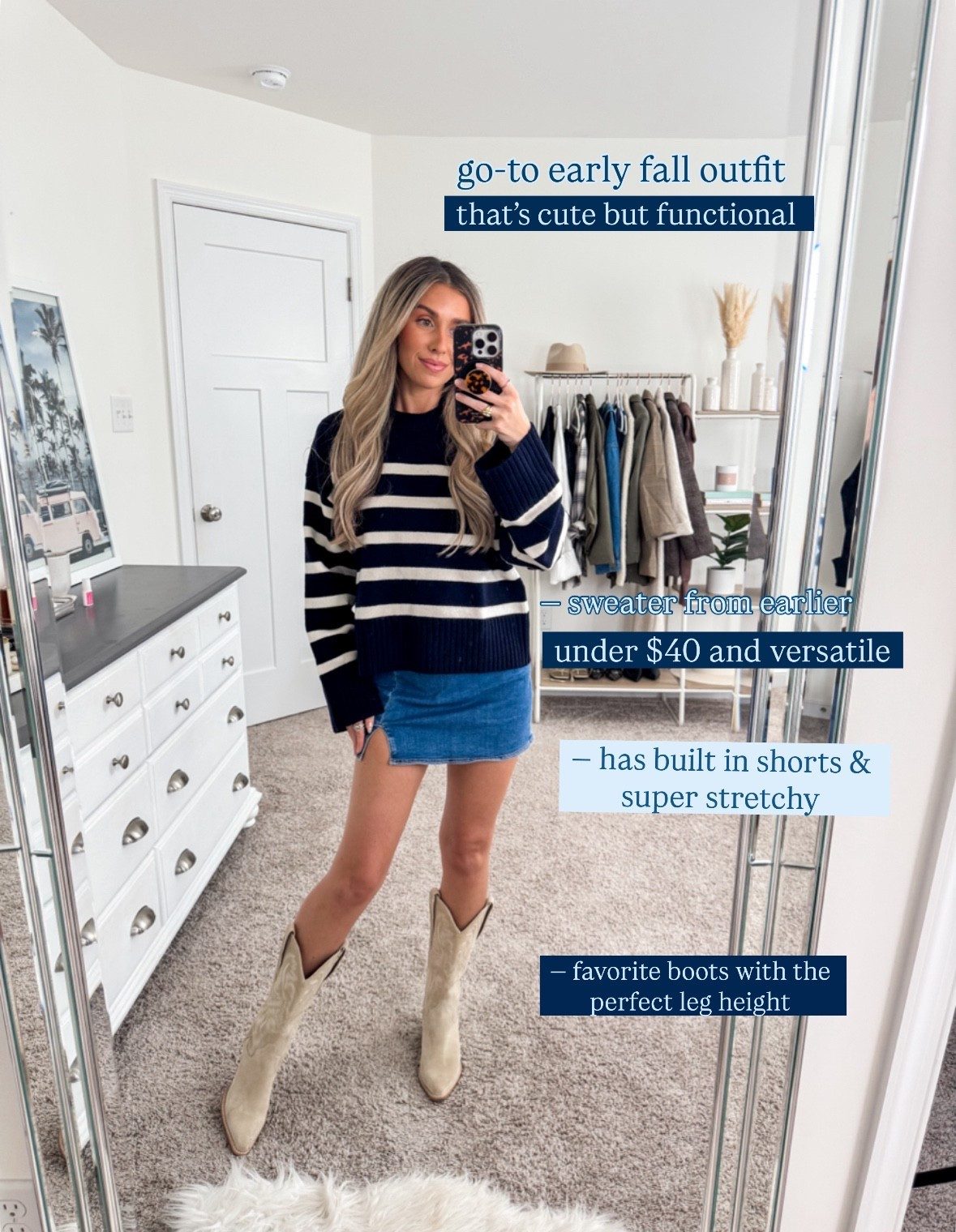 Cute early fall outfit idea
+ sweater: small
+ denim skort: xxs
+ boots: true to size 

#LTKSeasonal #LTKFindsUnder50 #LTKFindsUnder100