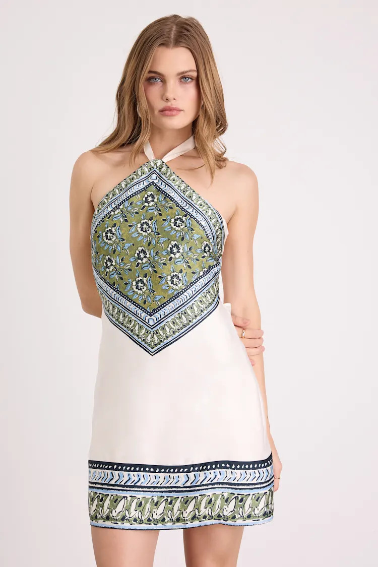 Ayson Ivory and Green Scarf Print Halter Mini Dress | vacation dress | vacation dresses  | Lulus