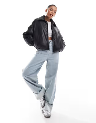 Stradivarius STR faux leather puffer jacket in black | ASOS (Global)