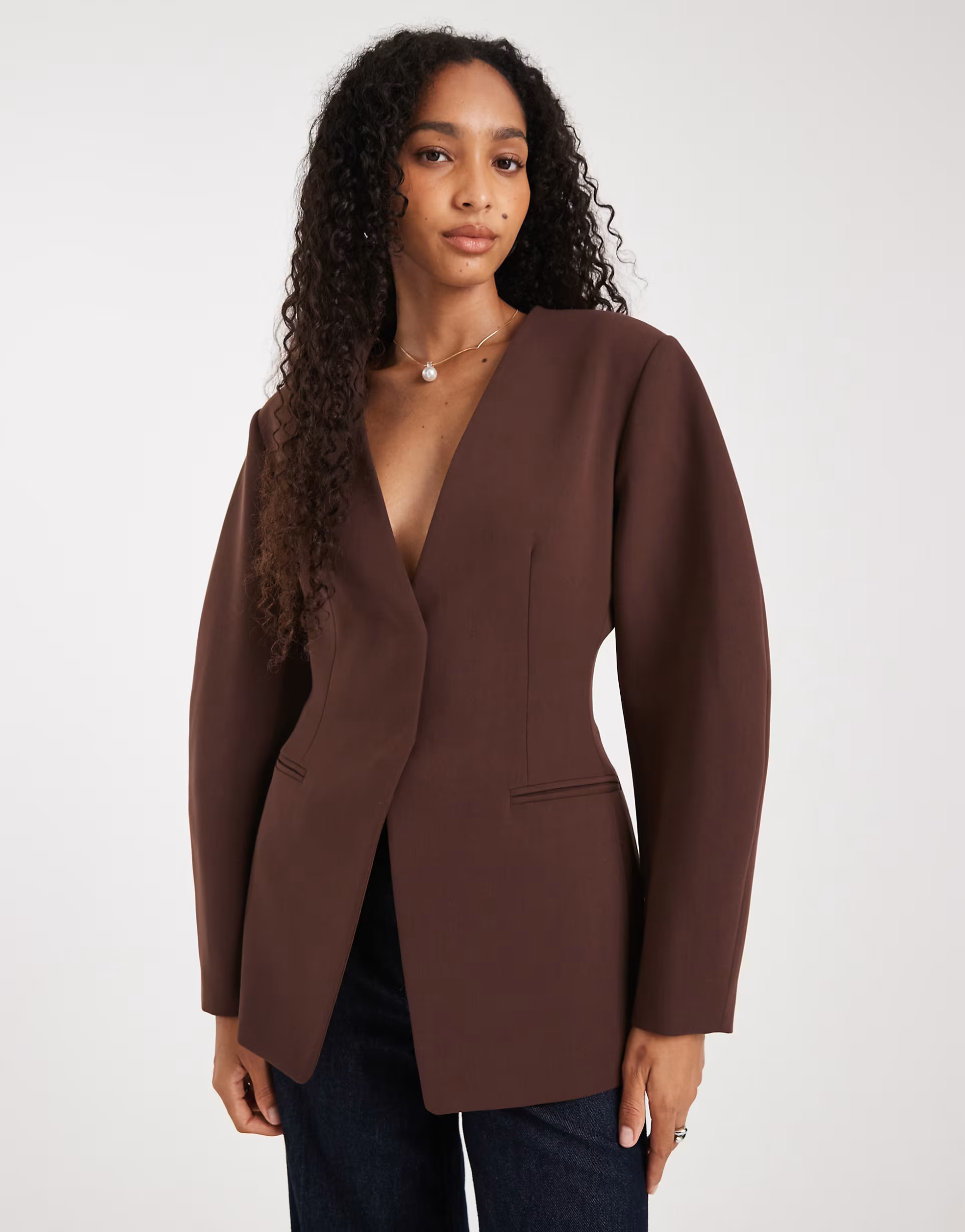 ASOS DESIGN cinch collarless blazer in chocolate | ASOS | ASOS (Global)