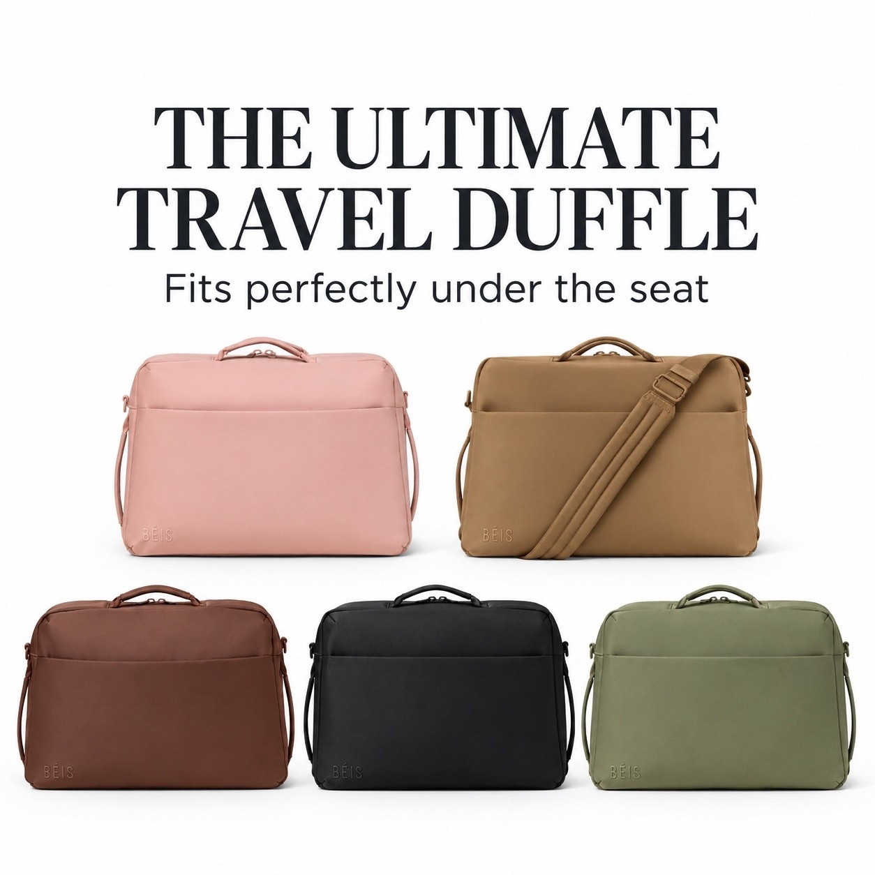 Love this new duffle, under the seat bag from Beis!  Two. Big compartments, a zippered business pouch, slides over the suitcase and has outer pockets!