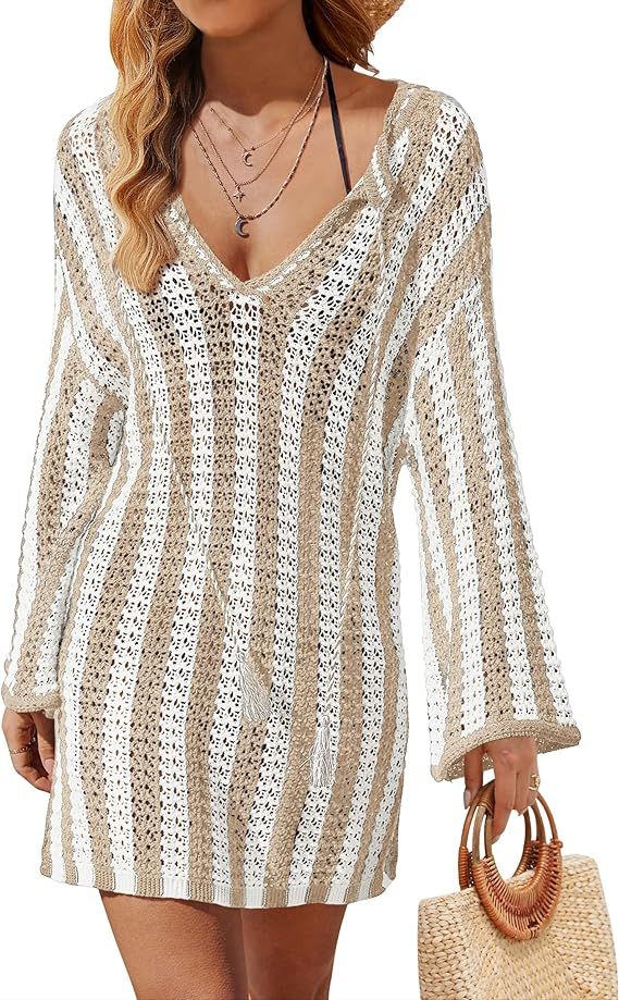 ZESICA Women's Summer Crochet Bathing Suit Cover Ups Striped Long Sleeve Swimsuits Mesh Knit Beac... | Amazon (US)