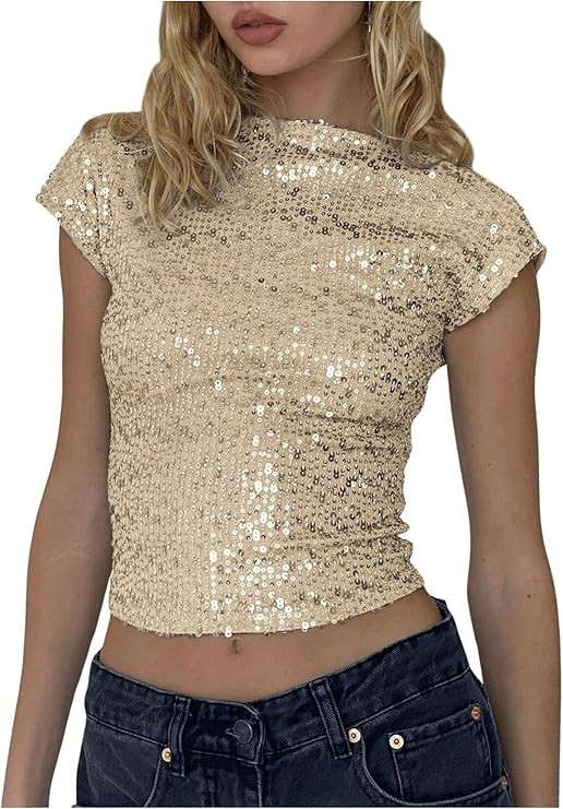 SHENHE Women's Sparkly Sequin Top Backless Glitter Cap Sleeve Rave Club Crop Tops Blouse | Amazon (US)