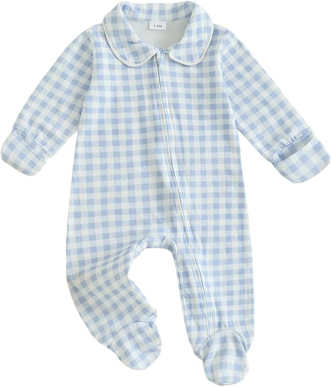 Newborn Baby Boy Girl Gingham Footed Romper Plaid Print Peter Pan Collar Long Sleeve Jumpsuit Com... | Amazon (US)