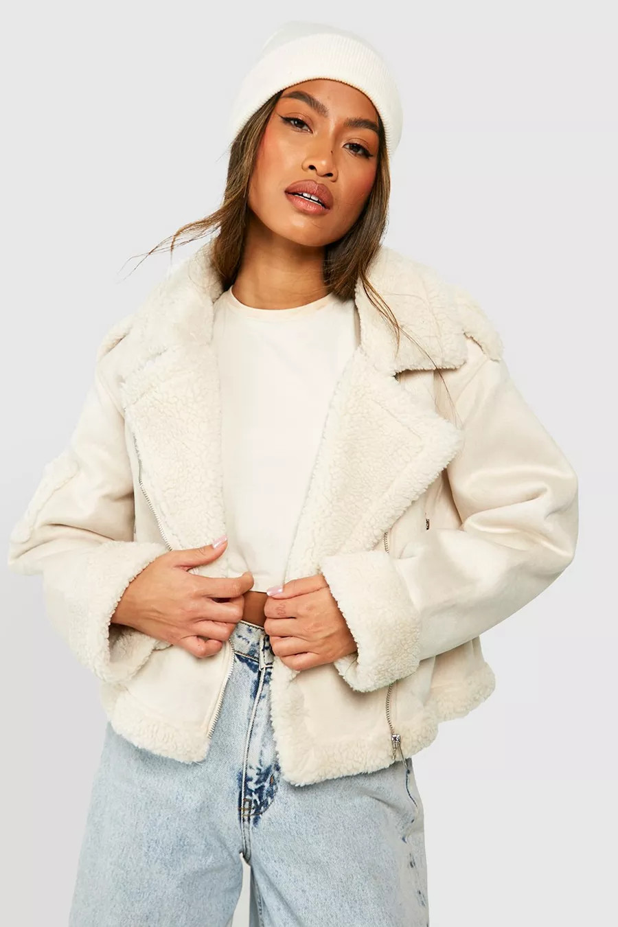 Suedette Teddy Trim Aviator | Boohoo.com (US & CA)