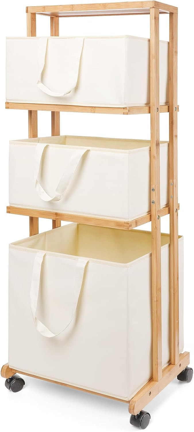 Homde Laundry Basket 3 Tier Bamboo Storage Shelf with Wheels Removable Container with Handle Free... | Amazon (US)