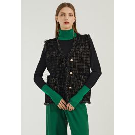 Gleaming Check Fringed Edge Vest in Black | Chicwish