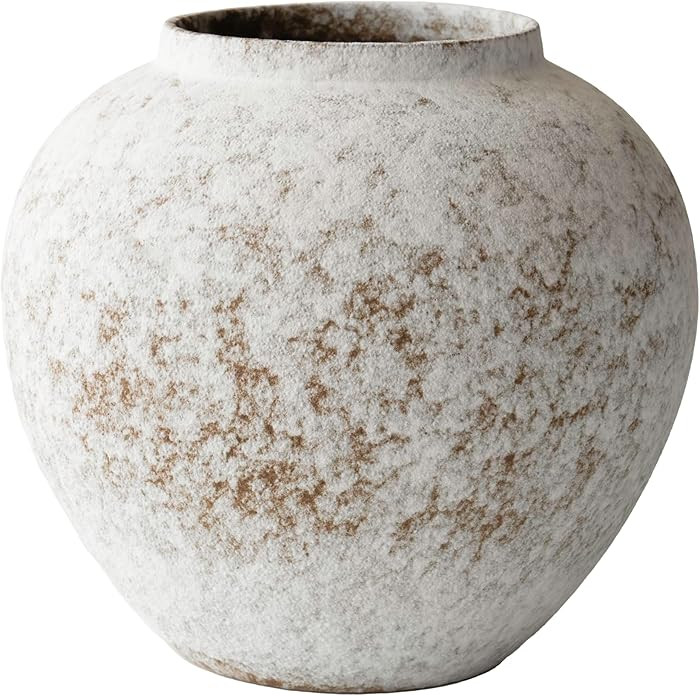 Rustic Farmhouse Textured Ceramic Vase, Large Round Distressed White Pottery Flower Vase for Cent... | Amazon (US)