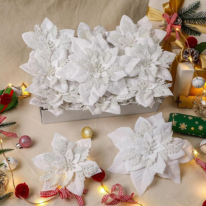 Alupssuc 24PCS 6"& 9" White Artificial Poinsettia Christmas Flowers, Faux Glitter Ornaments for X... | Amazon (US)