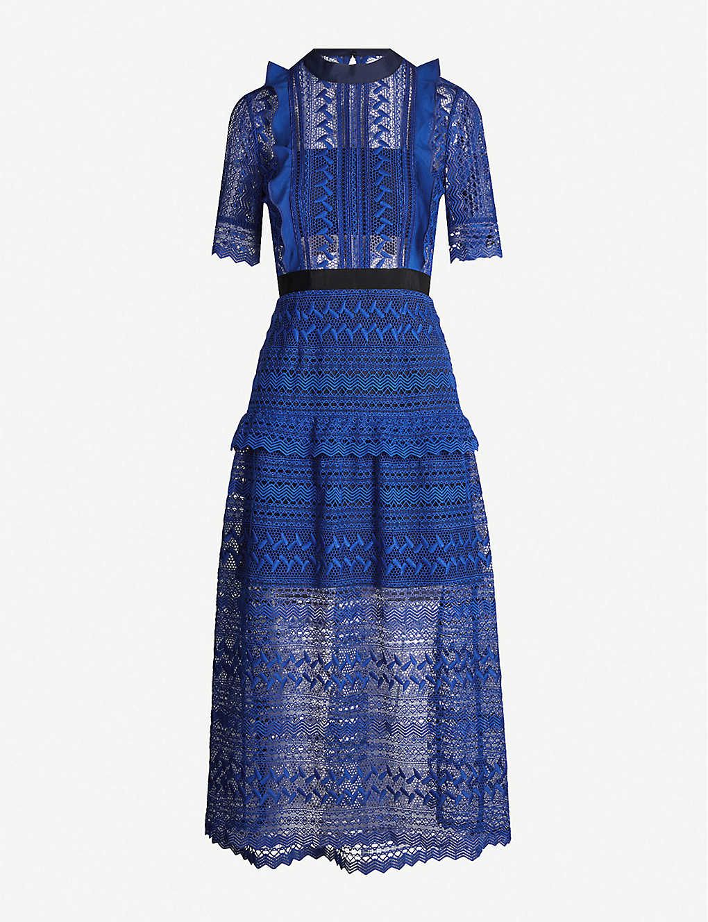 Short-sleeved geometric-lace midi dress | Selfridges
