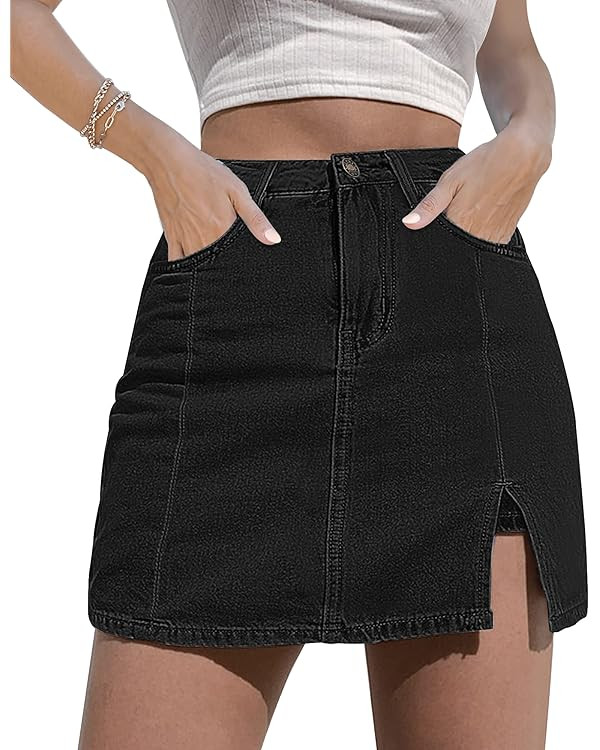 luvamia Skorts Skirts for Women Denim Mini Skirt Side Slit with High Waisted Jean Shorts Stretchy | Amazon (US)