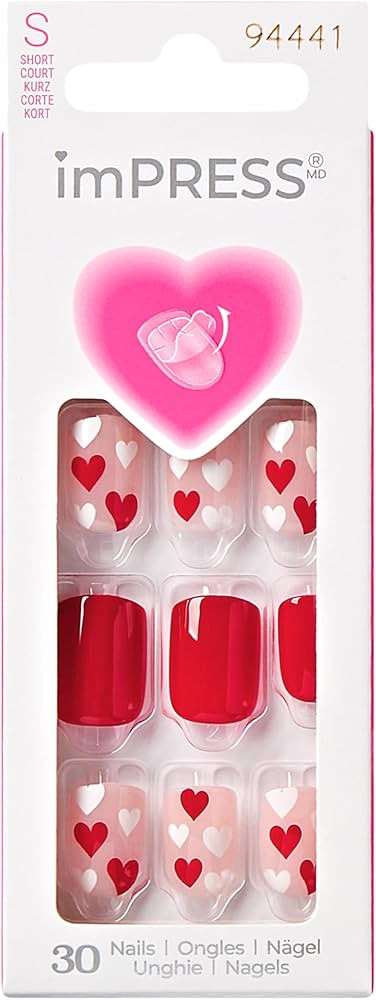 KISS imPRESS Valentine’s Day Press On Nails, ‘Full Heart’, Red, Short Squoval, No Glue Need... | Amazon (US)