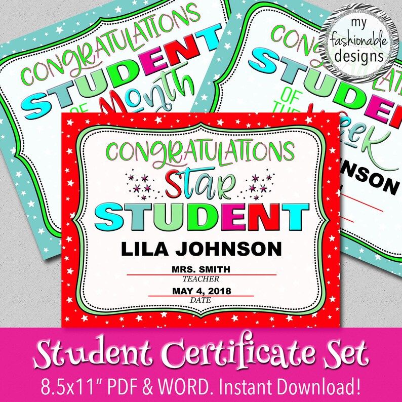Star Student Certificate, Student of the Month, Student of the Week, Word & PDF,  Instant Downloa... | Etsy (US)