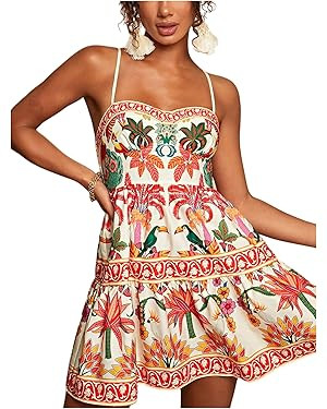 Floerns Women's Floral Boho Mini Dress Spaghetti Strap Vintage Tiered Ruffle Summer Beach Vacatio... | Amazon (US)
