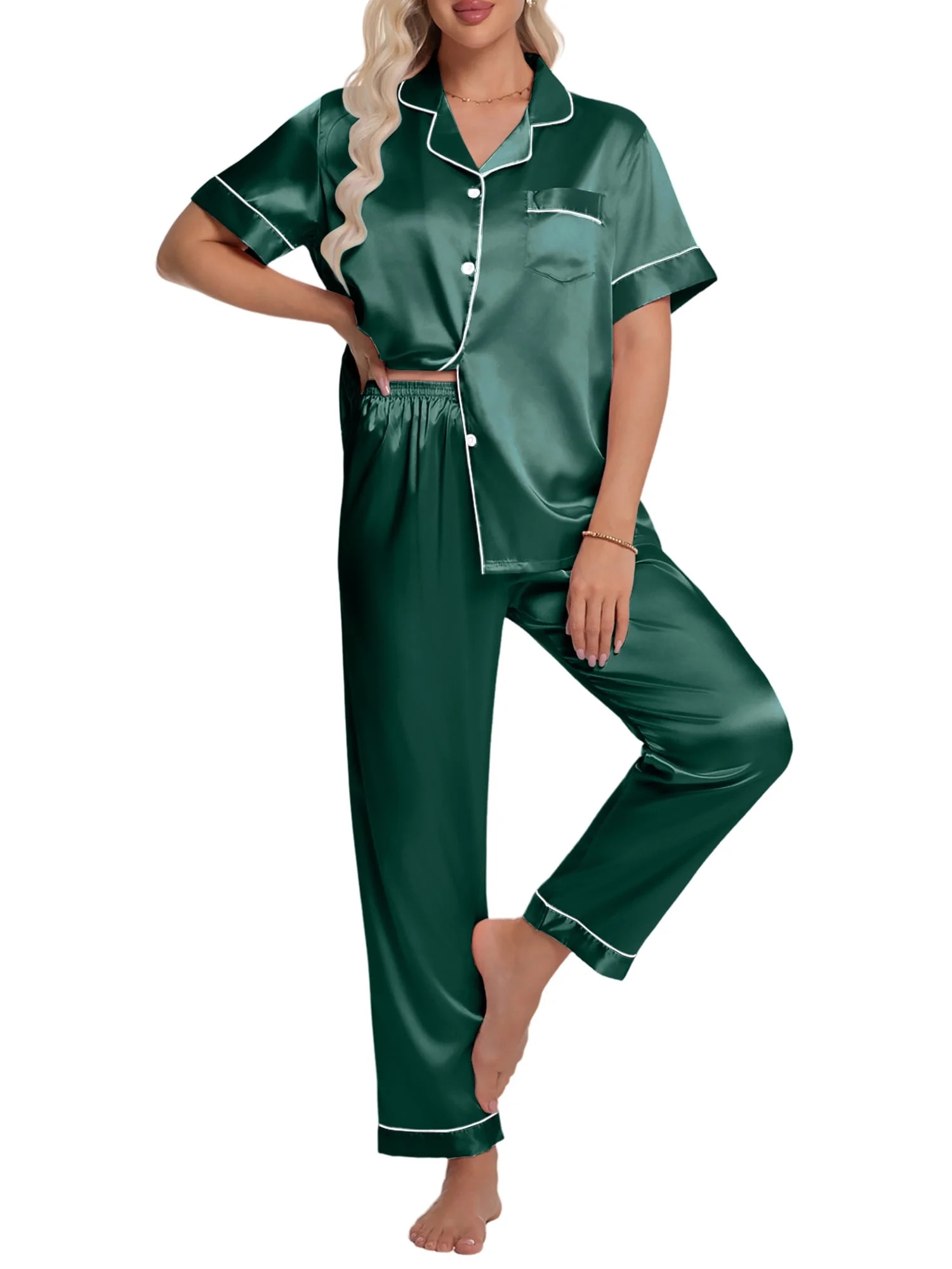 DAKIMOE Silk Satin Pajamas Set for Women Two-Piece Short Sleeve Shirt with Long Pajama Pant Set S... | Walmart (US)