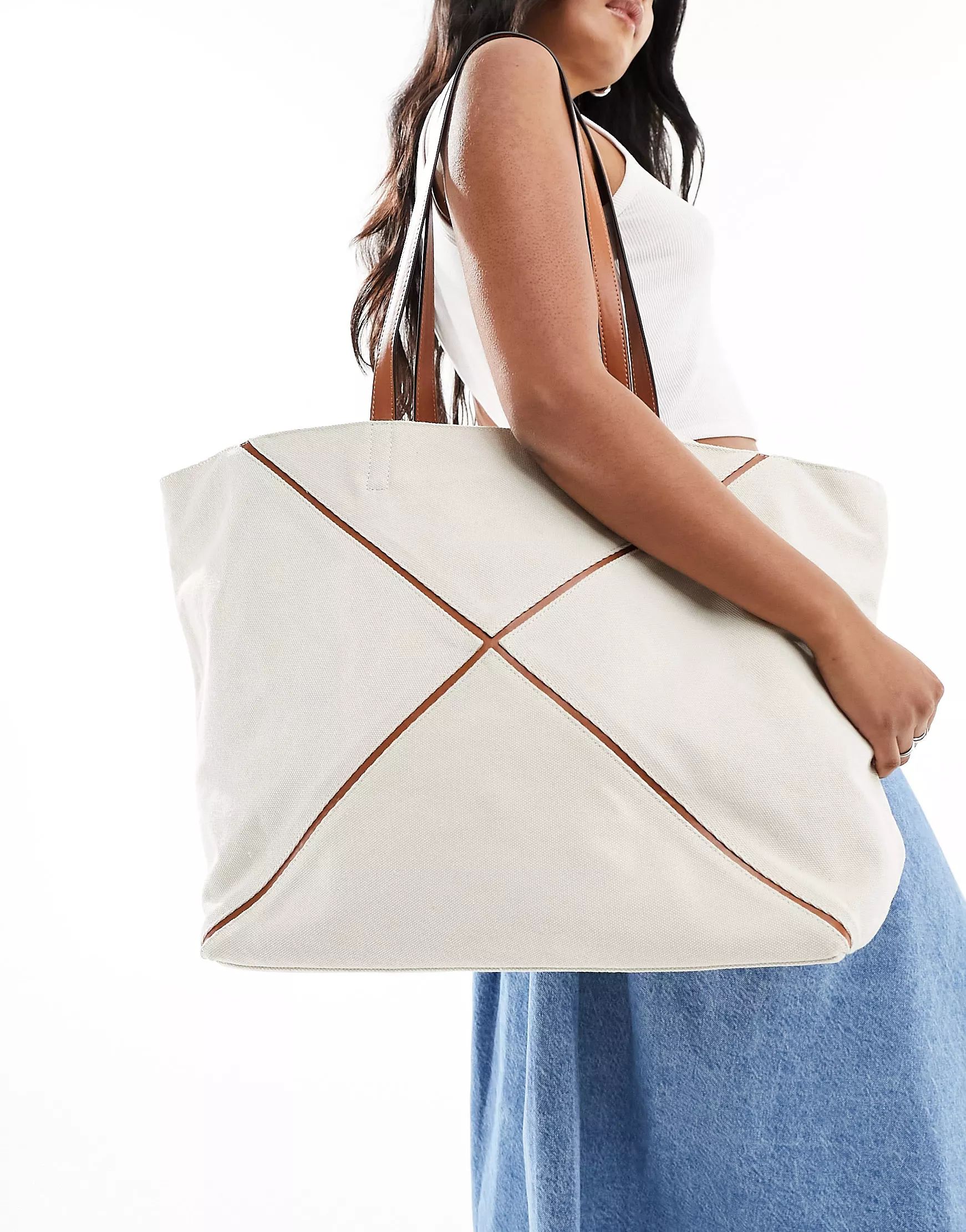ASOS DESIGN tote bag with woven panel in neutral | ASOS | ASOS (Global)