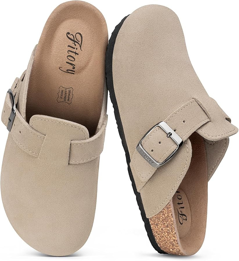 FITORY Women's Genuine Suede Clogs with Arch Support & Adjustable Buckle – Comfort Cork Footbed... | Amazon (US)