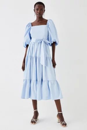 Puff Sleeve Belted Cotton Tiered Midi Dress | Coast UK & IE