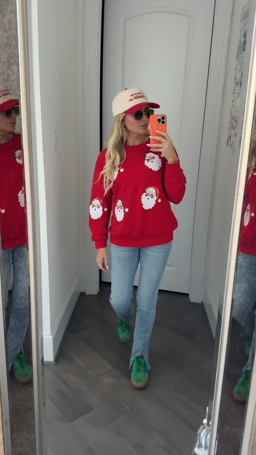 Casual Christmas OOTD - wearing this sequin Santa sweatshirt which is part of an Amazon set. I paired it with some VICI jeans (extra 30% off with code Hayley30) and my out it on Santa’s tab hat from Katydid. Also decided my green gazelles were a must. 🎅🏻

#LTKHoliday #LTKSeasonal #LTKootd