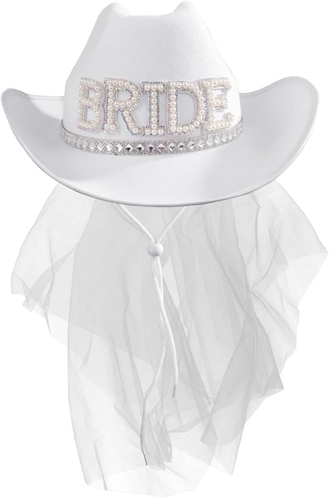 MGupzao Cowboy Hat and Veil Bachelorette Party,White Cowgirl Hat Wedding Bridal Shower Decoration... | Amazon (US)