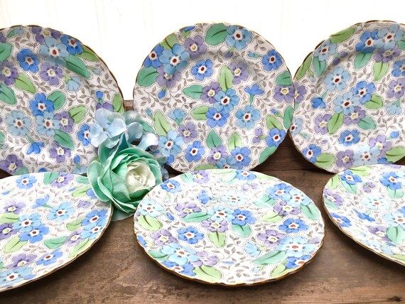 Tuscan Chintz Dessert plates set of six beautiful blue floral gold trim tea plates | Etsy (US)