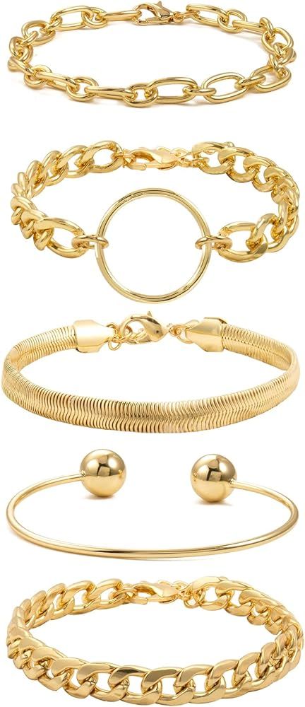 Gold Bracelets For Women Trendy Chunky Chain Bracelets Stackable Snake Chain 14K Gold Plated Cuba... | Amazon (US)