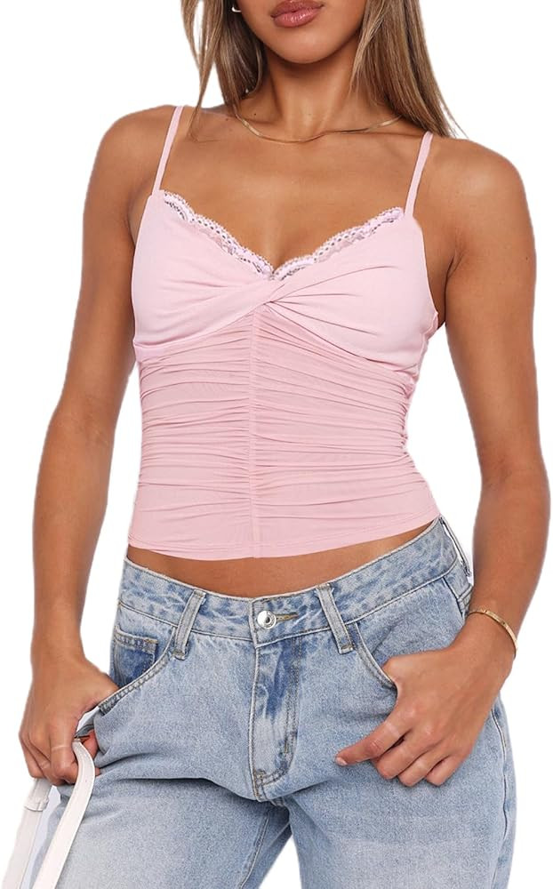 Women Y2k Spaghetti Strap Camisole Crop Top Deep V Neeck Slim Fitted Vest Going Out Shirt Tank To... | Amazon (US)