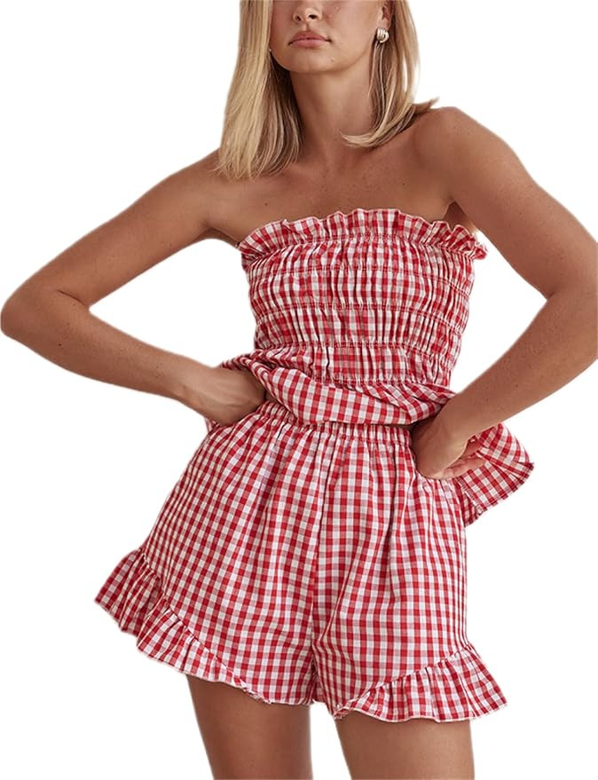 Thopavenoir Women Casual Summer Set 2Pieces Lounge Pajamas Set Sleeveless Shirred Bandeau Tube To... | Amazon (US)
