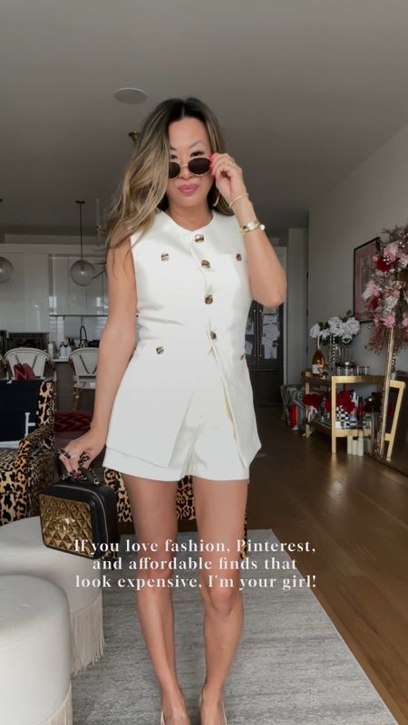 Spring quiet luxury outfit, endless rose vest and shorts outfit but found the exact same for less. Original splurge is Veronica beard. 2024 fashion trends sets, Sofia Richie style, white vest and short set. Size small 

#LTKstyletip #LTKover40 #LTKfindsunder100