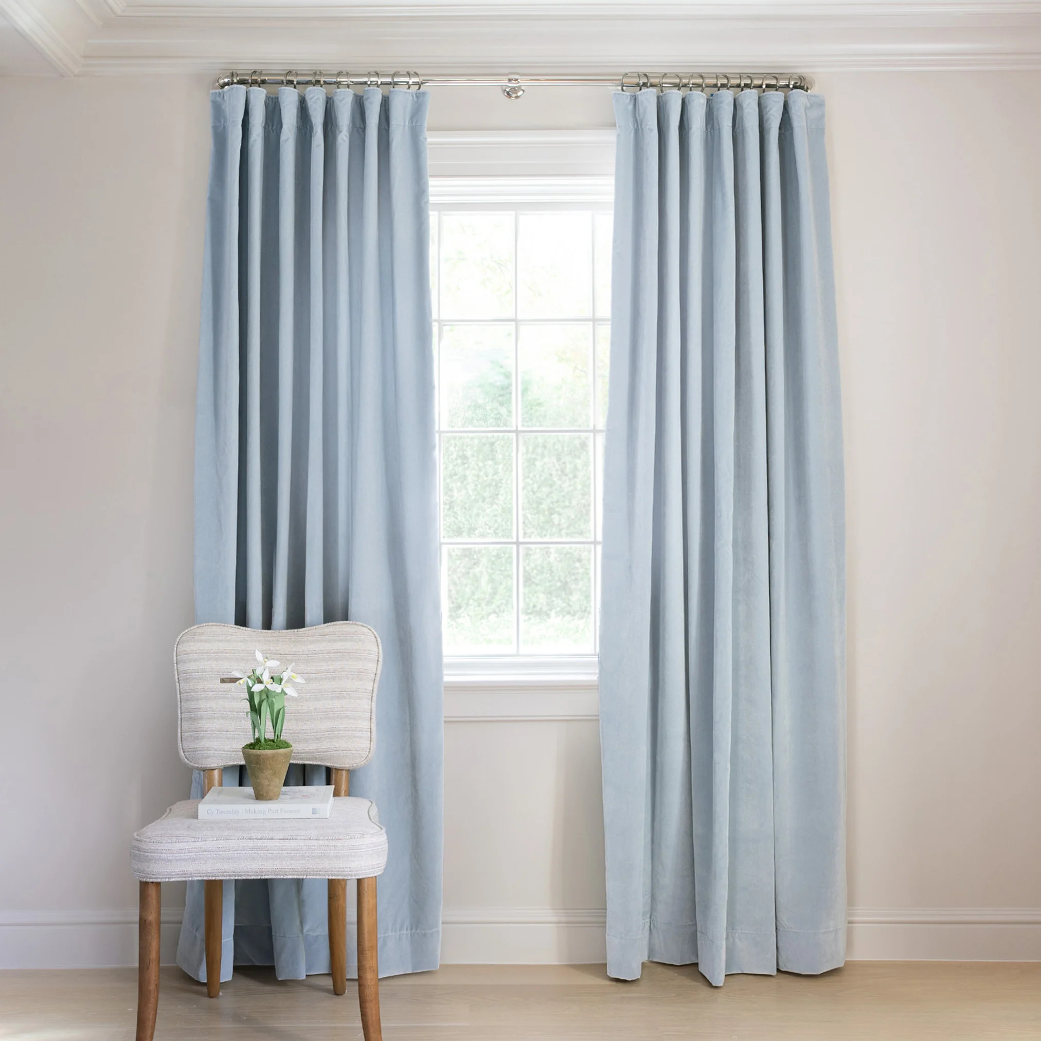 Custom Light Sky Blue Velvet Curtains with Trim Options | Pepper