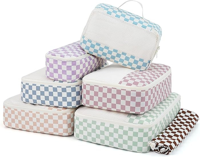 Narwey 7 Set Checkered Packing Cubes for Travel Carry on Suitcase Luggage Organizer Bags for Kids... | Amazon (US)