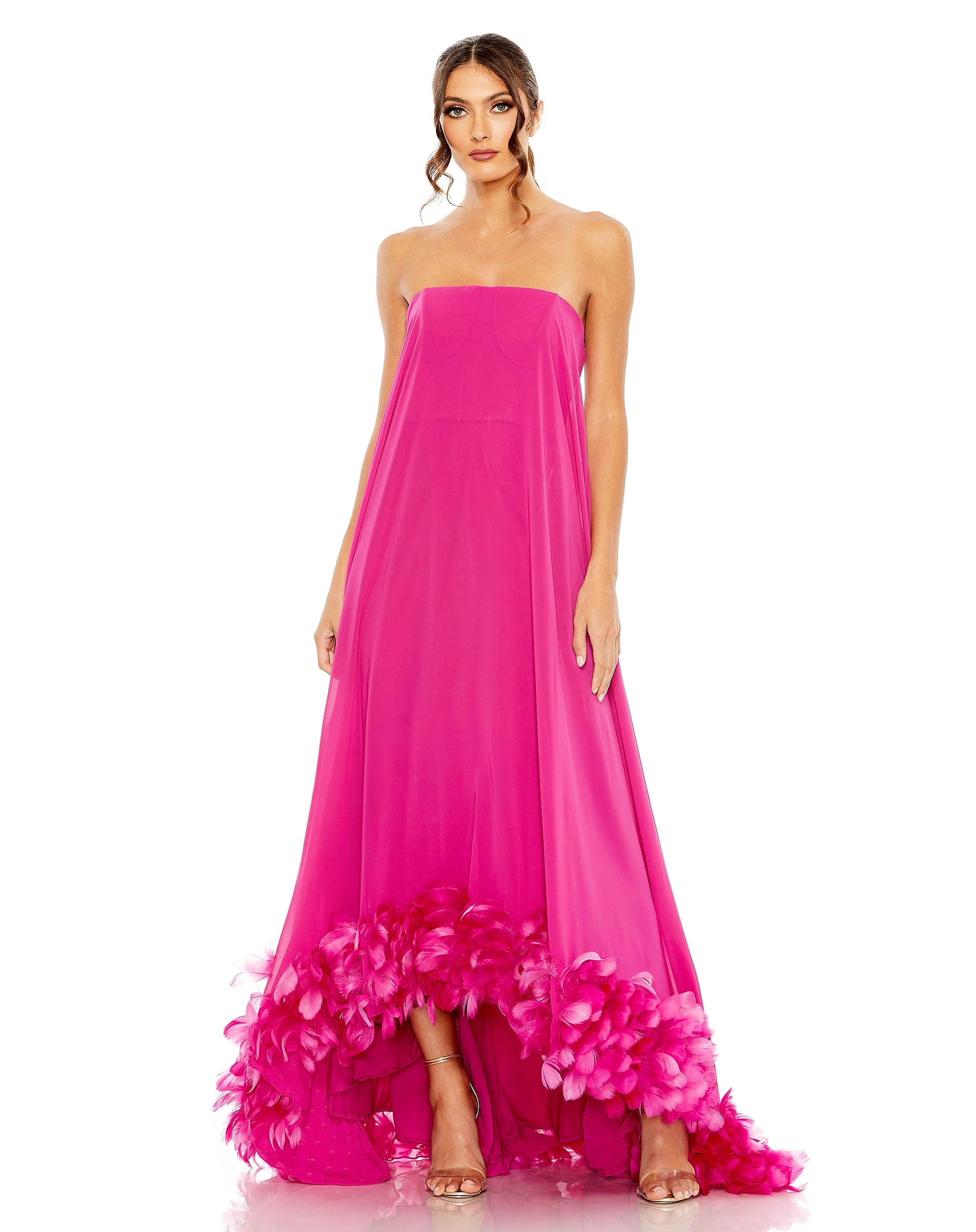 Strapless Flare Feather Hem Gown | Mac Duggal