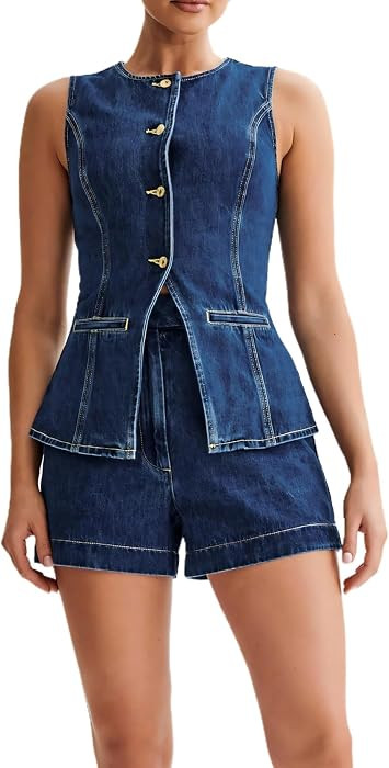 Womens Denim 2 Piece Set Sleeveless Button Down Vest Tops Short Pants Suit Sets | Amazon (US)