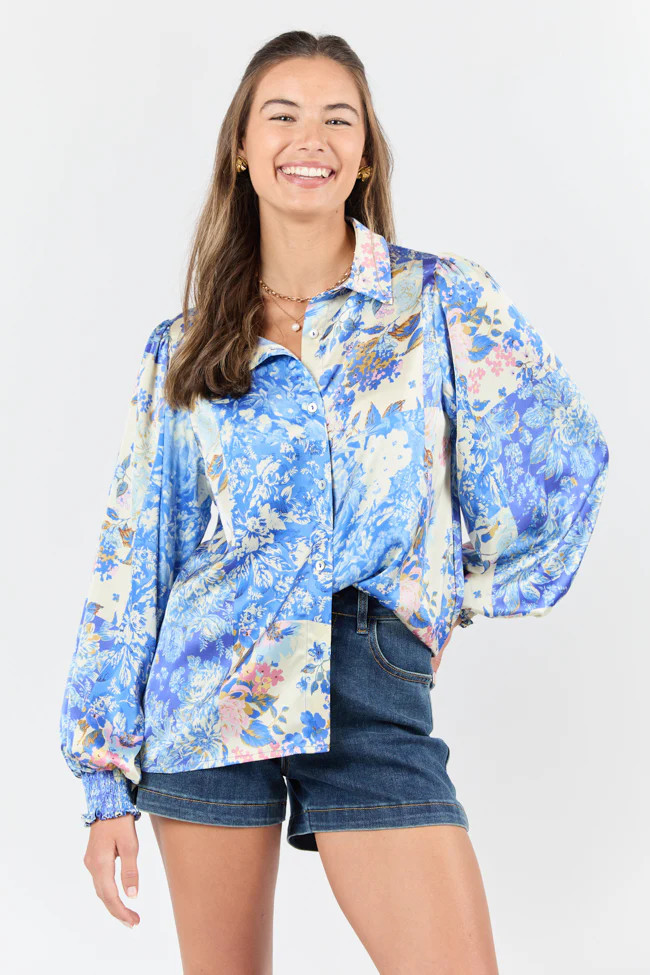 I've Been Waiting Blue Floral Patch Print Satin Button Down Blouse FINAL SALE | Pink Lily