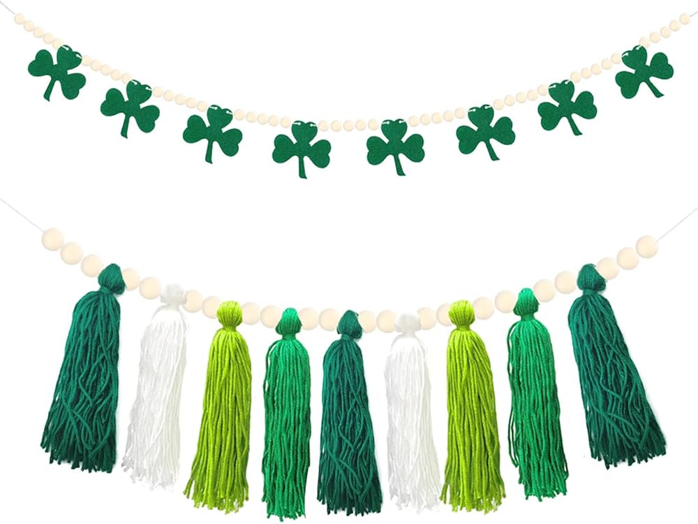 2 Pieces Boho Tassel Garland and Wooden Bead Garland with Shamrock Felt for St Patrick's Day Orna... | Amazon (US)