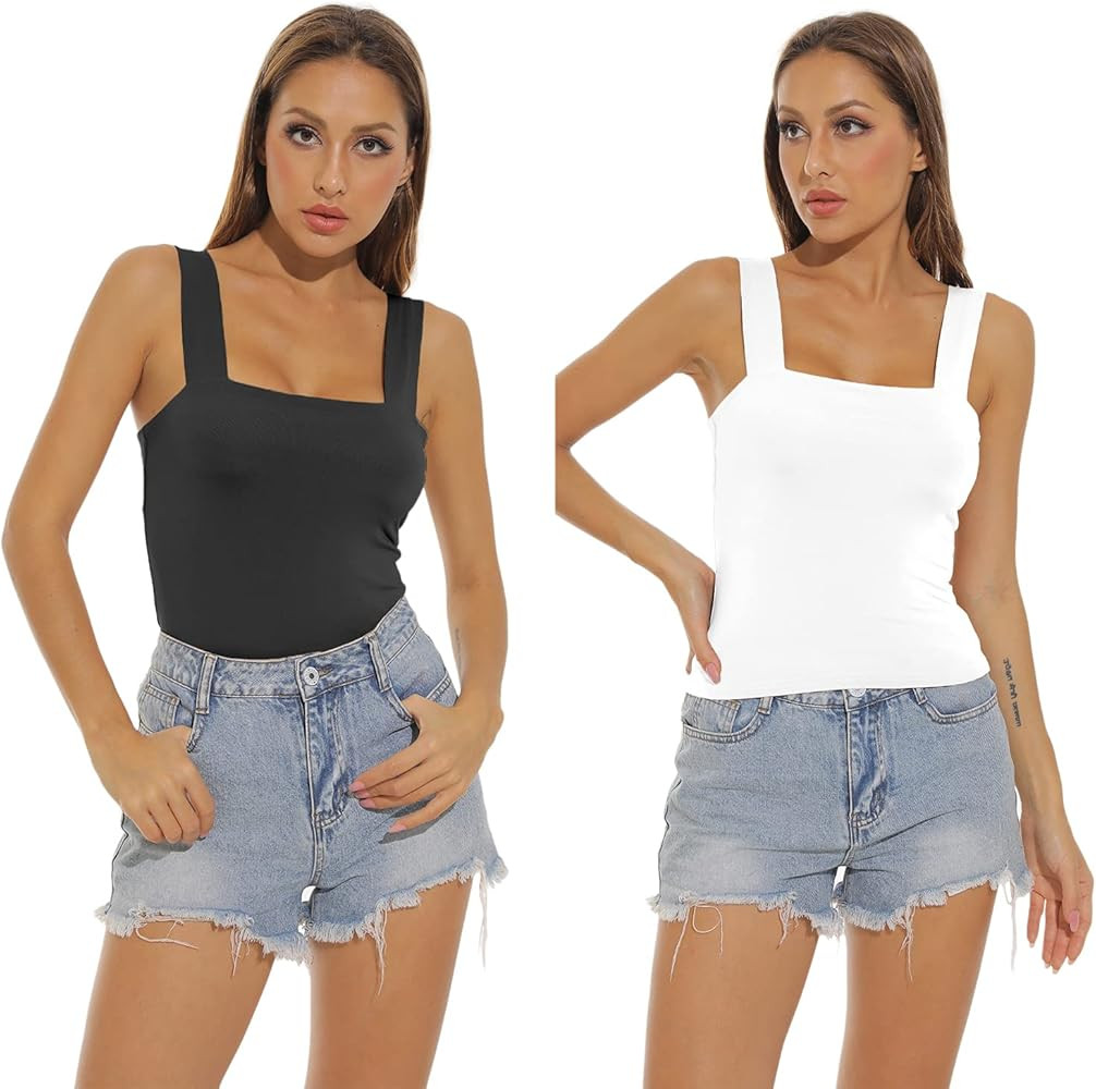 Amilia Women's Basic Solid Casual Wide Strap Tank Tops Double Layer Cami Crop Summer Shirts | Amazon (US)