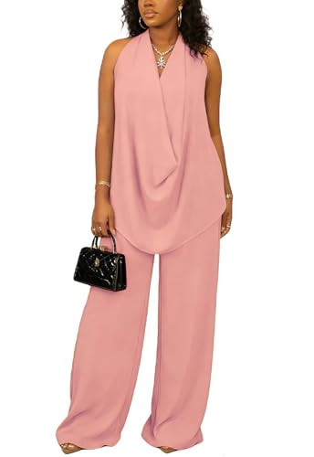 Vssjavun Women's Summer 2 Piece Outfits Cowl Neck Sleeveless Halter Tops and Wide Leg Pants Vacation Beach Matching Sets 2026 Pink M | Amazon (US)