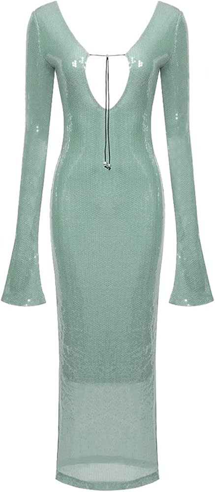 meilun Deep V Dress with Drawstring Long Sleeve Sequin Dress for Women Long Gown | Amazon (US)