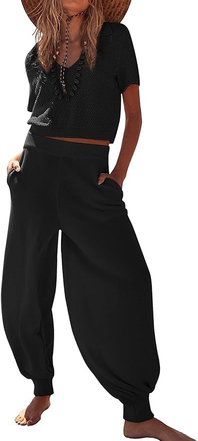 Lingswallow Two Piece Outfits for Women Short Sleeve and Wide Legs Pants Sweater Set Lounge Sets ... | Amazon (US)