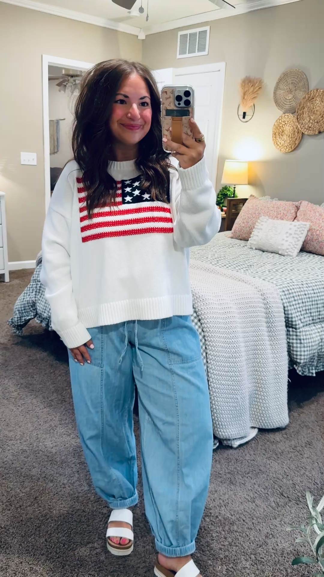 Patriotic and practical ❤️🤍💙 this sweater is such a fun statement piece!

sandals: fit true to size // wearing a 5
jeans: fit oversized // wearing a large (could’ve sized down to a medium)
sweater: fits true to size // wearing a large 

 
