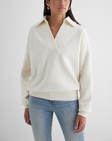 Relaxed V-neck Fleece Polo Sweatshirt | Express