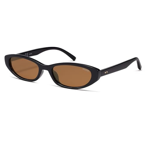 SOJOS Trendy Thin Y2k Cat Eye Polarized Sunglasses Womens Mens, 90s Small Oval Rectangle Sunnies SJ2664, Black/Brown | Amazon (US)