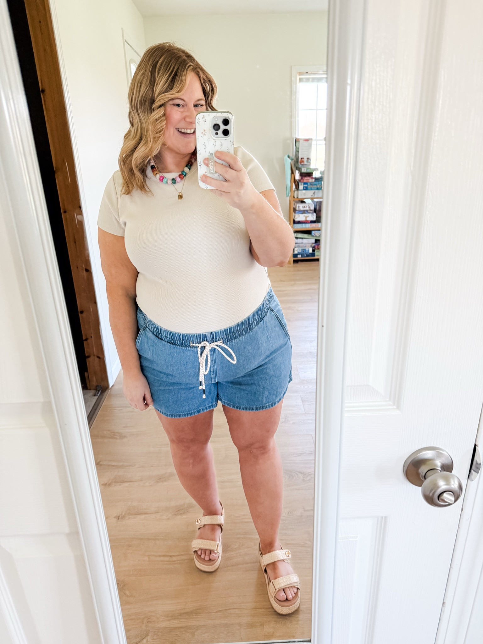 Wearing an XXL in my drawstring denim shorts. I recommend going with your normal size though - I only sized up for the bump.  XL in my tee  

#LTKBump #LTKSaleAlert #LTKMidsize