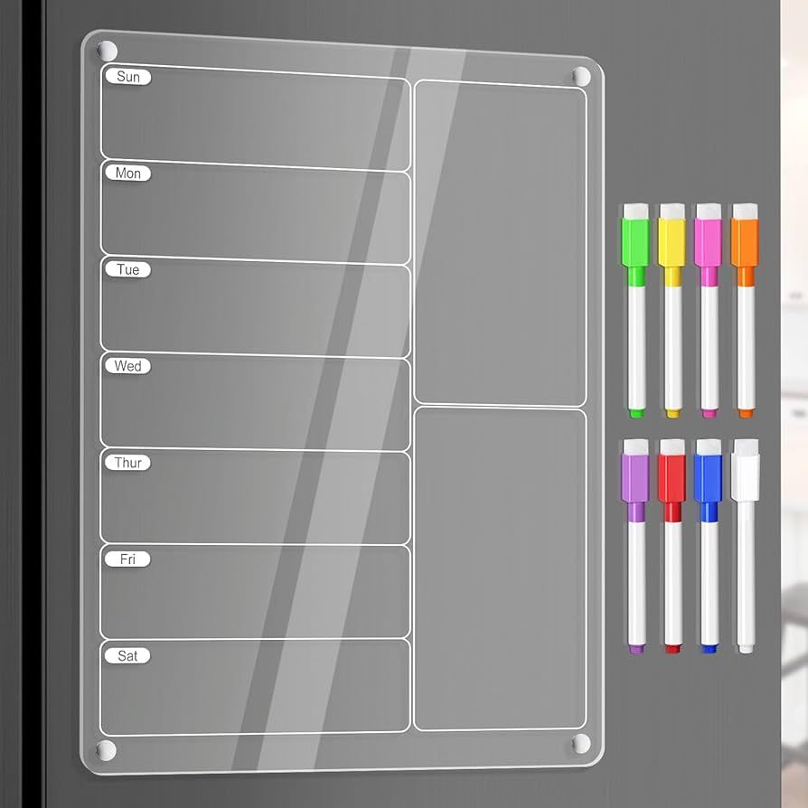 Acrylic Meal Planner Magnetic Menu Board for Kitchen Fridge w/ 8 Markers, Clear Weekly Calendar P... | Amazon (US)