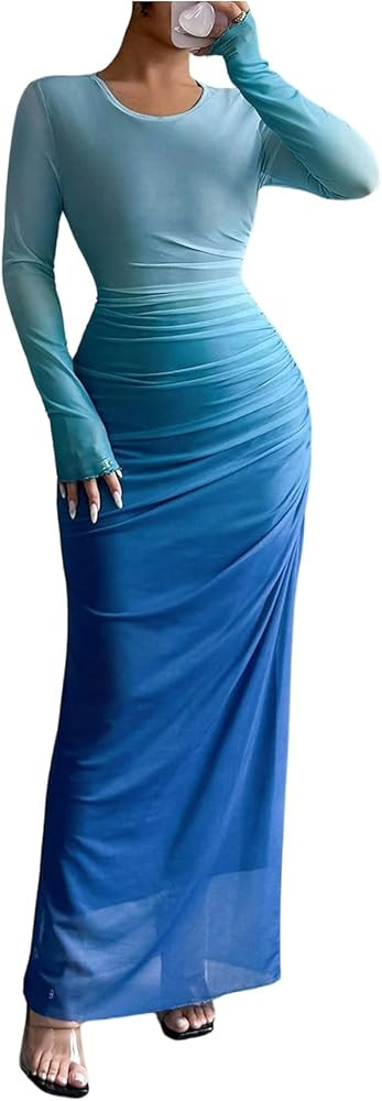 Women's Fall Wedding Guest Dress Long Sleeve Cocktail Date Night Sexy Y2K Bodycon Ruched Mesh For... | Amazon (US)