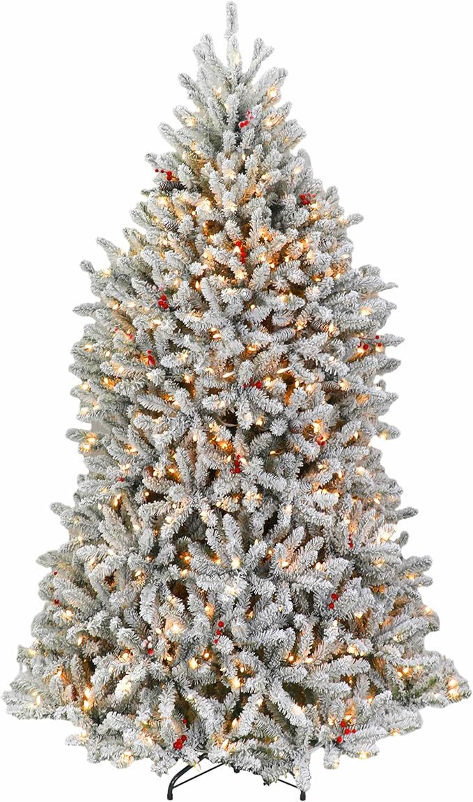 Hykolity 7.5 ft Artificial Prelit Christmas Tree, Snow Flocked Christmas Tree with Pine Cones, 25... | Amazon (US)