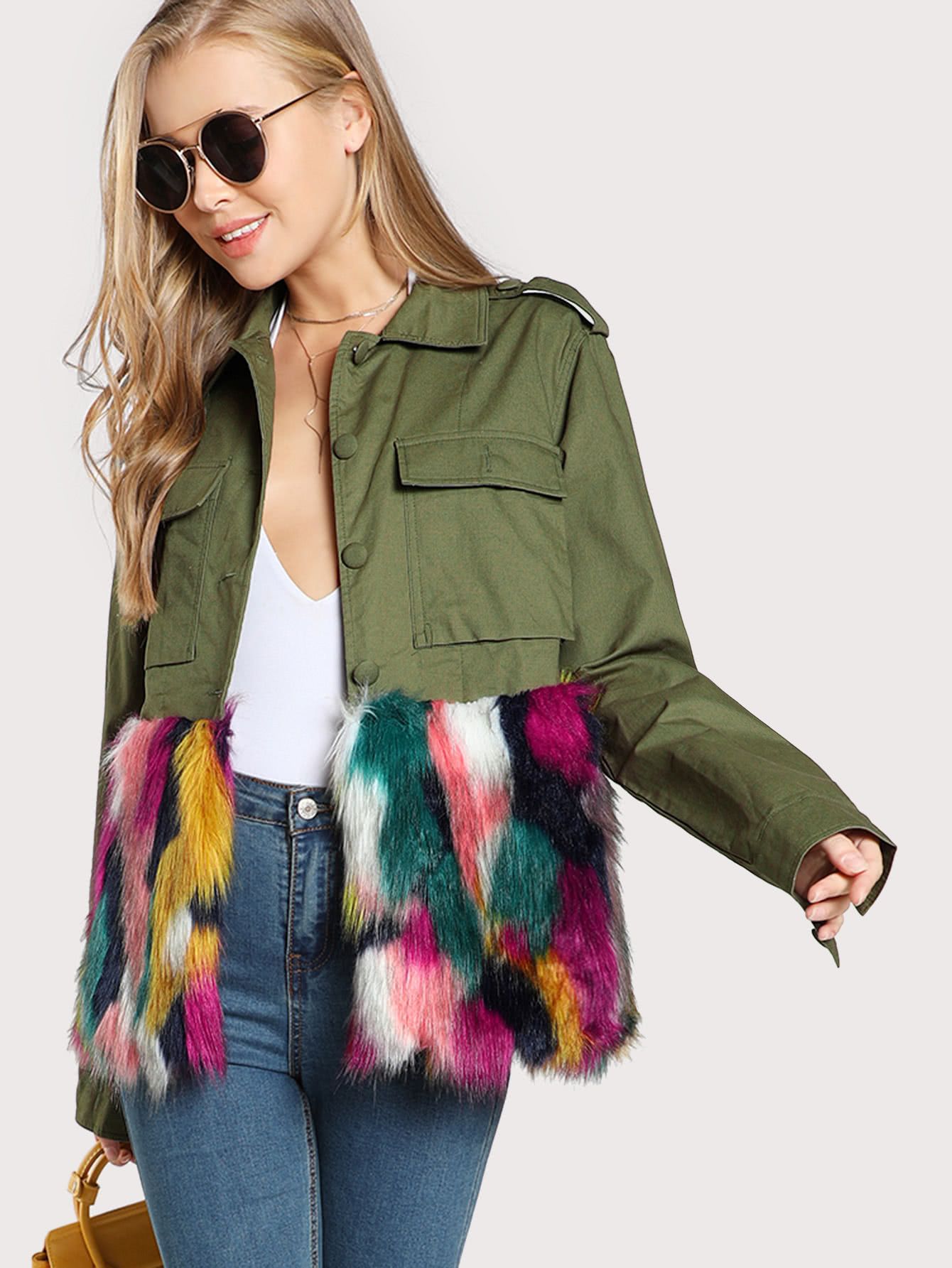 Colorful Faux Fur Trim Utility Jacket | ROMWE