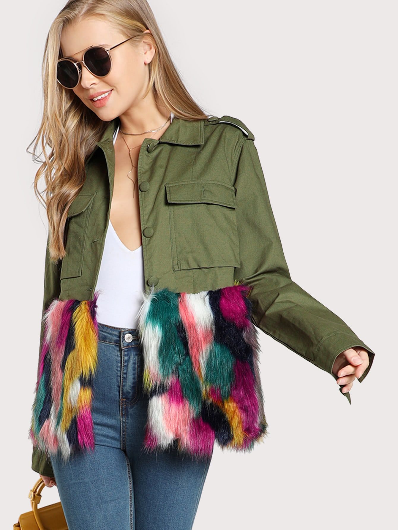 Colorful Faux Fur Trim Utility Jacket | SHEIN